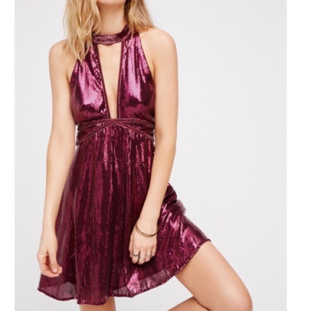 Free People Plum Sequin V Neck Halter Mini Dress 4